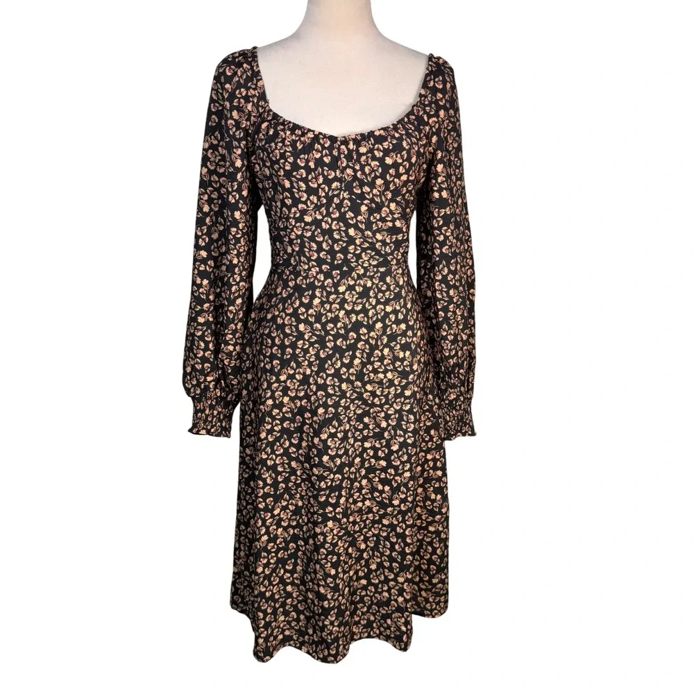 a.n.a Floral Sweetheart Midi Dress Pockets Smocked Balloon Sleeve M Boho Retro - Picture 1 of 16
